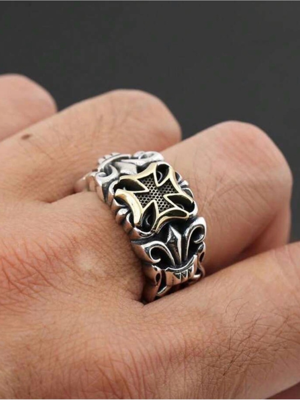 Men's Two-Tone Gothic Cross Stainless Steel Ring - Adjustable